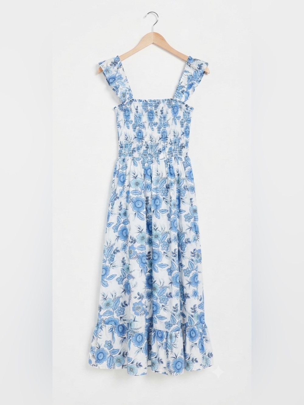 Haute Hippie Cotton Blend Blue & White Floral Smocked Maxi Midi Flutter Dress